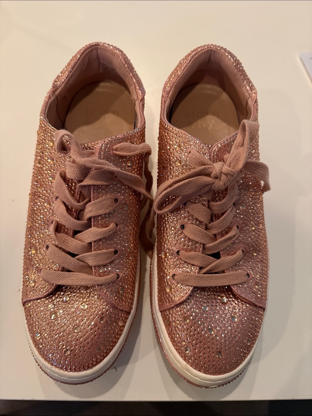 crown & ivy Pink Rose Gold Crystal Lace-Up Sneakers